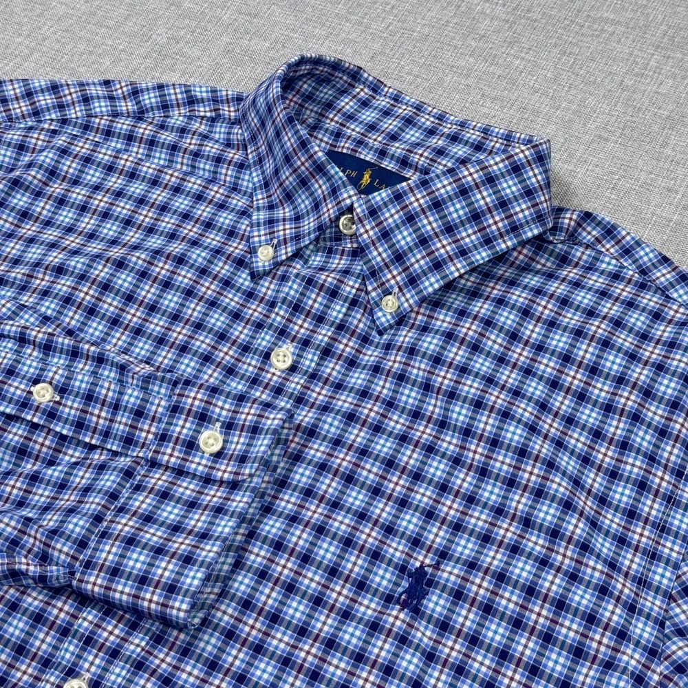 Ralph Lauren Performance Button-Down Shirt Men Large Blue Plaid Slim Long Sleeve